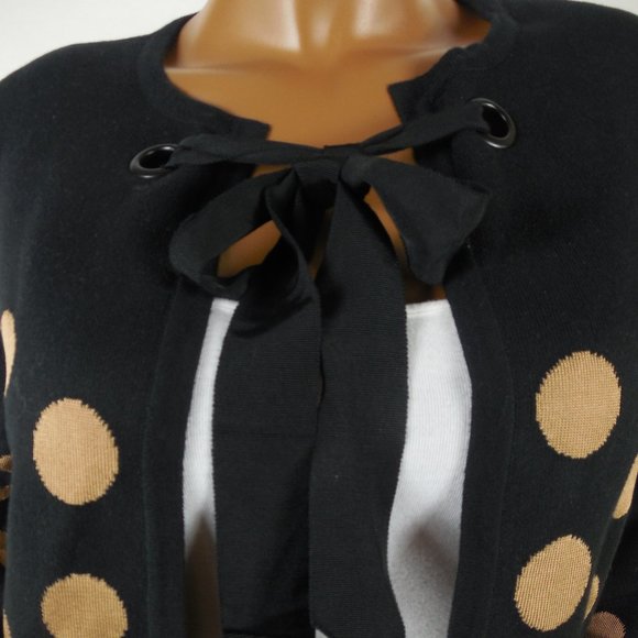 CHICO'S Top L Sz 2 Black/Tan Dot Long Cardigan Sweater Ribbon Tie Heavyweight - Picture 5 of 14